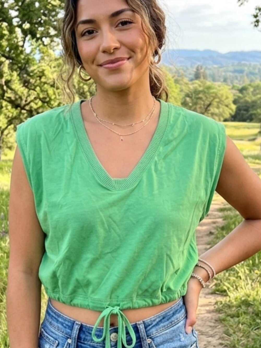 HYFVE Cap Sleeve Drawstring Waist Knit Top In Green